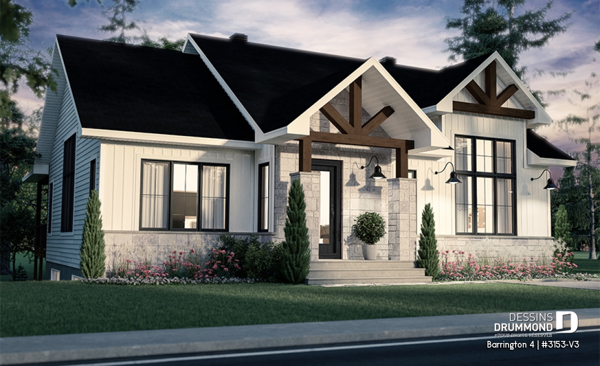 Vue avant - MODÈLE DE BASE - 3153-V3 Plan de maison Farmhouse, 2 à 4 chambres, sous-sol aménagé optionnel ($), 2 sdb, garde-manger - Barrington 4