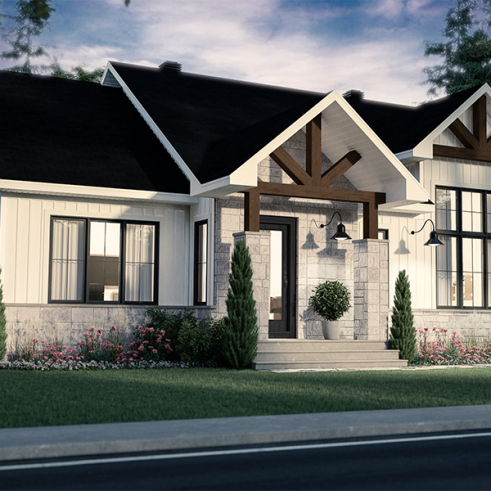 Vue avant - MODÈLE DE BASE - 3153-V3 Plan de maison Farmhouse, 2 à 4 chambres, sous-sol aménagé optionnel ($), 2 sdb, garde-manger - Barrington 4