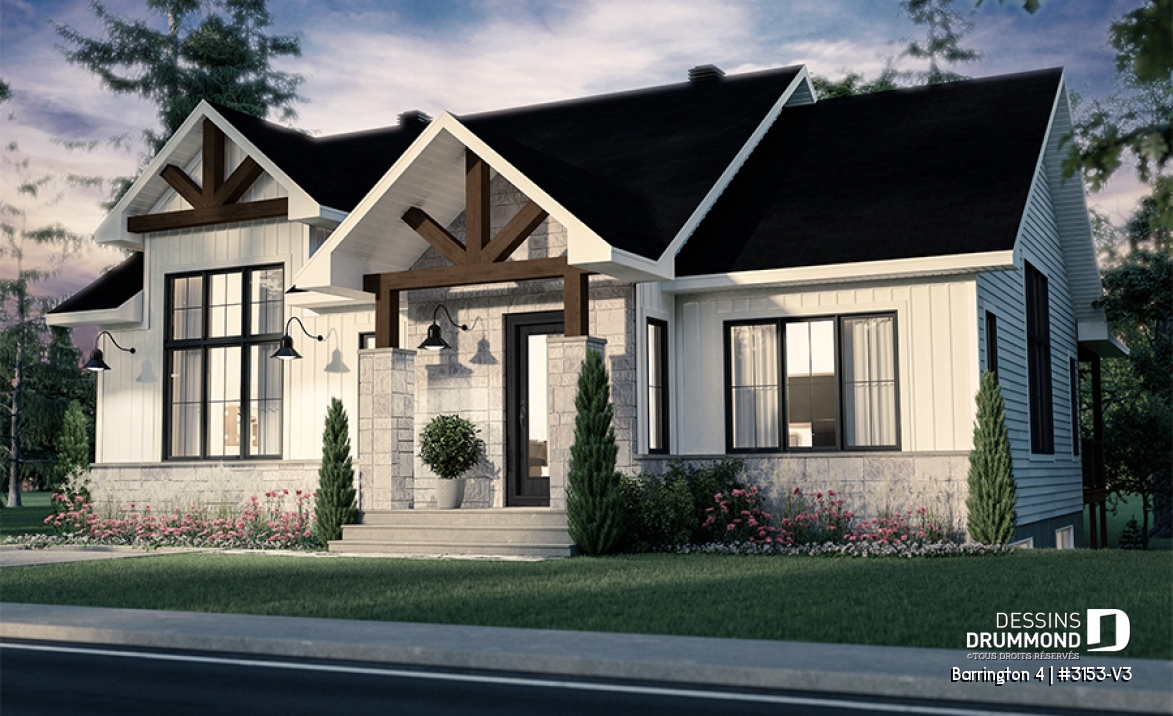 Vue avant - MODÈLE DE BASE - 3153-V3 Plan de maison Farmhouse, 2 à 4 chambres, sous-sol aménagé optionnel ($), 2 sdb, garde-manger - Barrington 4