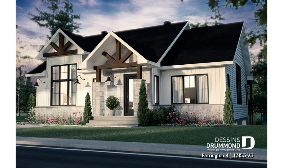 Vue avant - MODÈLE DE BASE - 3153-V3 Plan de maison Farmhouse, 2 à 4 chambres, sous-sol aménagé optionnel ($), 2 sdb, garde-manger - Barrington 4
