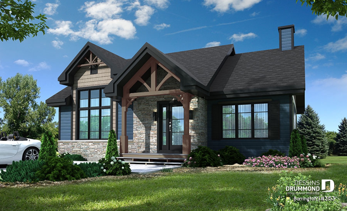 Vue avant - MODÈLE DE BASE - Plan maison 2 à 4 chambre, sous-sol fini optionnel ($), plafond cathédral, foyer, vestibule fermé, walk-in - Barrington
