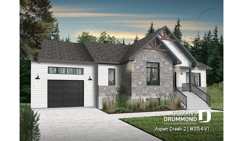 Version couleur no. 2 - Vue avant - Plan de maison de plain-pied 2 chambres avec garage, vestiaire et salle de lavage, aire ouverte - Aspen Creek 2