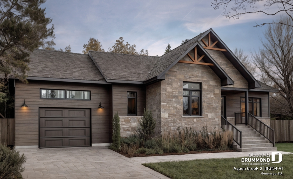 Vue avant - MODÈLE DE BASE - Plan de maison plain-pied avec garage et 2 chambres, salle de lavage au rez-de-chaussée, vestibule fermé - Aspen Creek 2