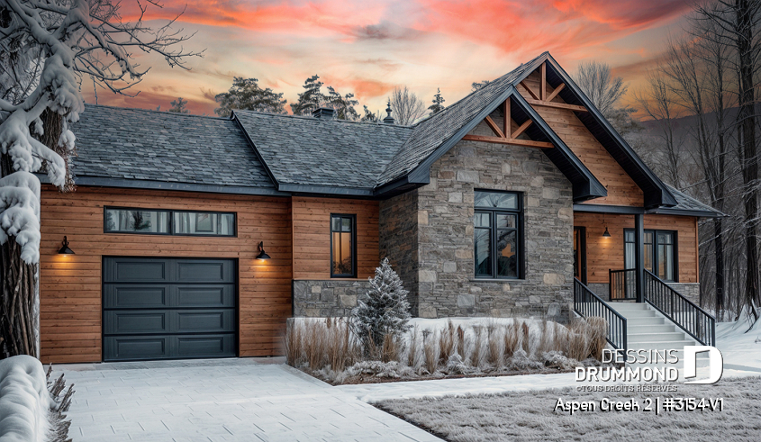 Vue avant - MODÈLE DE BASE - Plan de maison de plain-pied 2 chambres avec garage, vestiaire et salle de lavage, aire ouverte - Aspen Creek 2