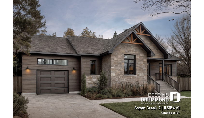 Vue avant - MODÈLE DE BASE - Plan de maison de plain-pied 2 chambres avec garage, vestiaire et salle de lavage, aire ouverte - Aspen Creek 2