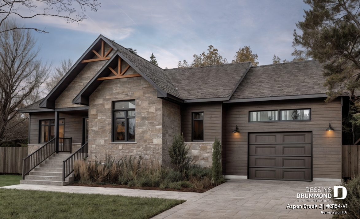 Vue avant - MODÈLE DE BASE - Plan de maison plain-pied avec garage et 2 chambres, salle de lavage au rez-de-chaussée, vestibule fermé - Aspen Creek 2