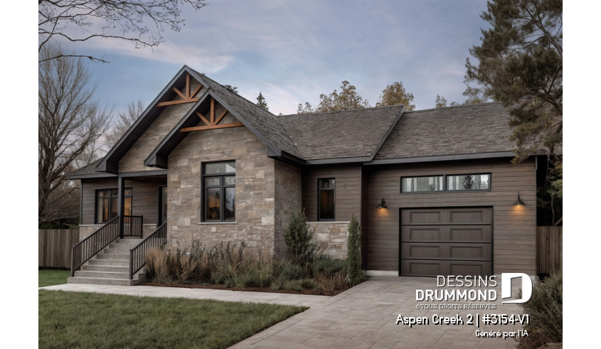 Vue avant - MODÈLE DE BASE - Plan de maison de plain-pied 2 chambres avec garage, vestiaire et salle de lavage, aire ouverte - Aspen Creek 2