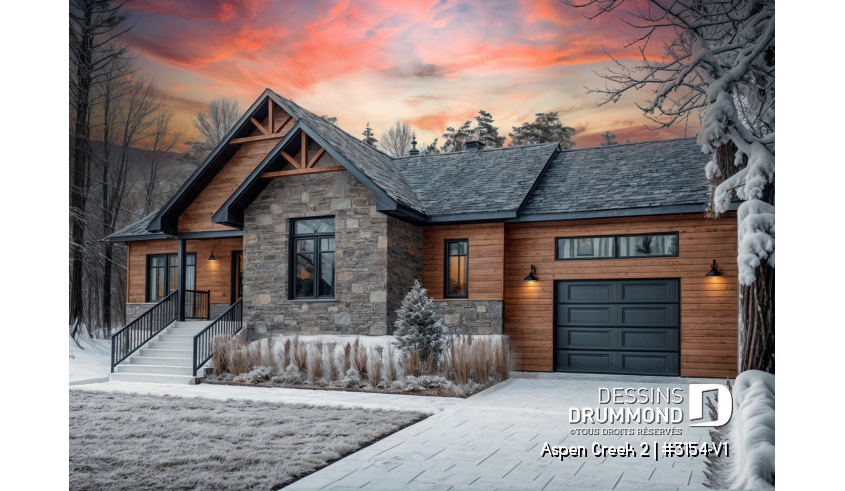 Vue avant - MODÈLE DE BASE du plan de maison unifamiliale 3154-V1 Vue avant - MODÈLE DE BASE - Modèle de maison de plain-pied 2 chambres avec garage, vestiaire et salle de lavage, aire ouverte - Aspen Creek 2