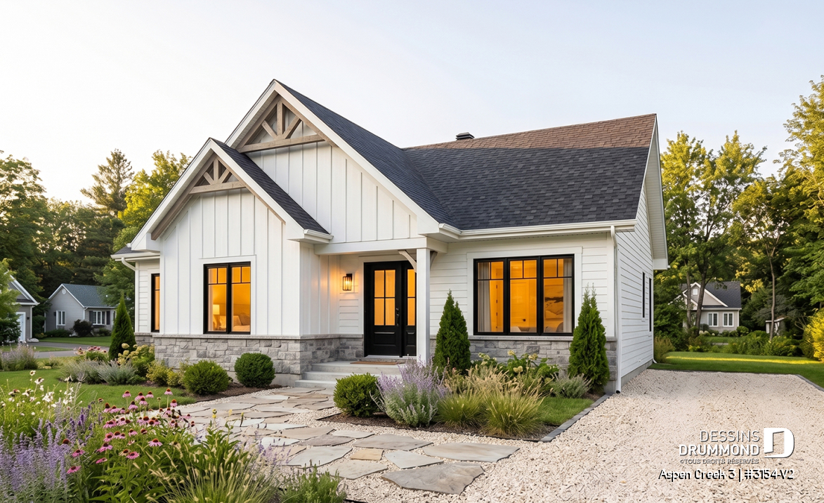 Vue avant - MODÈLE DE BASE - Plan de maison plain-pied Farmhouse, bureau, jusqu’à 5 chambres, sous-sol aménagé optionnel ($) - Aspen Creek 3