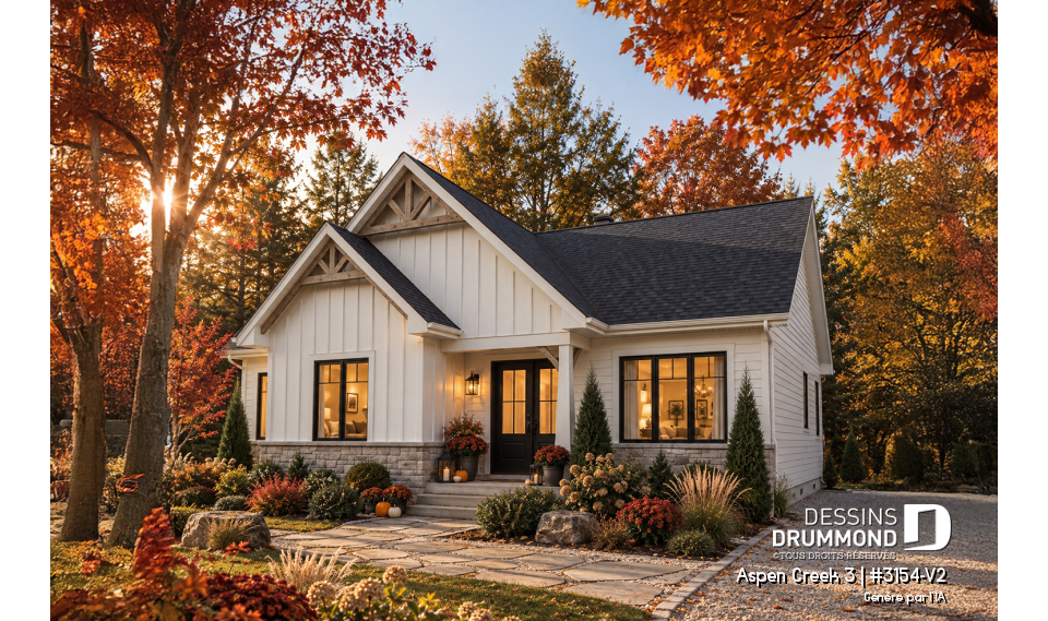 Vue avant - MODÈLE DE BASE - Plan de maison plain-pied Farmhouse, bureau, jusqu’à 5 chambres, sous-sol aménagé optionnel ($) - Aspen Creek 3