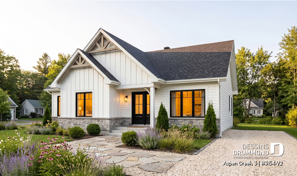 Vue avant - MODÈLE DE BASE - Plan de maison plain-pied Farmhouse, bureau, jusqu’à 5 chambres, sous-sol aménagé optionnel ($) - Aspen Creek 3