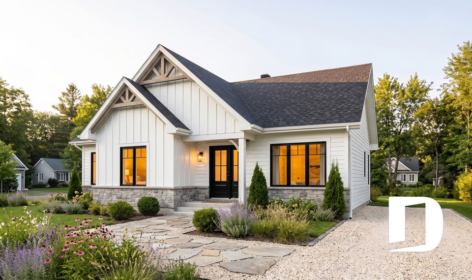 Vue avant - MODÈLE DE BASE - Plan de maison plain-pied Farmhouse, bureau, jusqu’à 5 chambres, sous-sol aménagé optionnel ($) - Aspen Creek 3