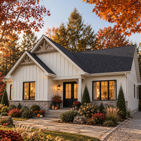 Vue avant - MODÈLE DE BASE - Plan de maison plain-pied Farmhouse, bureau, jusqu’à 5 chambres, sous-sol aménagé optionnel ($) - Aspen Creek 3