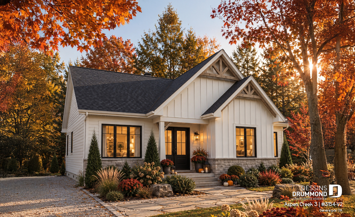 Vue avant - MODÈLE DE BASE - Plan de maison plain-pied Farmhouse, bureau, jusqu’à 5 chambres, sous-sol aménagé optionnel ($) - Aspen Creek 3