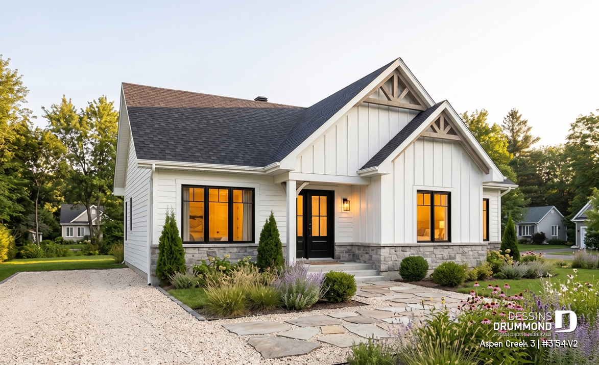 Vue avant - MODÈLE DE BASE - Plan de maison plain-pied Farmhouse, bureau, jusqu’à 5 chambres, sous-sol aménagé optionnel ($) - Aspen Creek 3