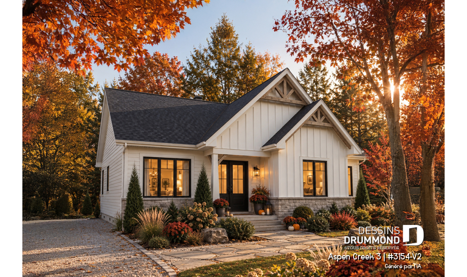Vue avant - MODÈLE DE BASE - Plan de maison plain-pied Farmhouse, bureau, jusqu’à 5 chambres, sous-sol aménagé optionnel ($) - Aspen Creek 3