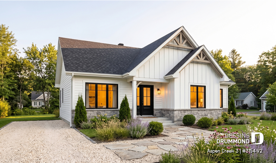 Vue avant - MODÈLE DE BASE - Plan de maison plain-pied Farmhouse, bureau, jusqu’à 5 chambres, sous-sol aménagé optionnel ($) - Aspen Creek 3