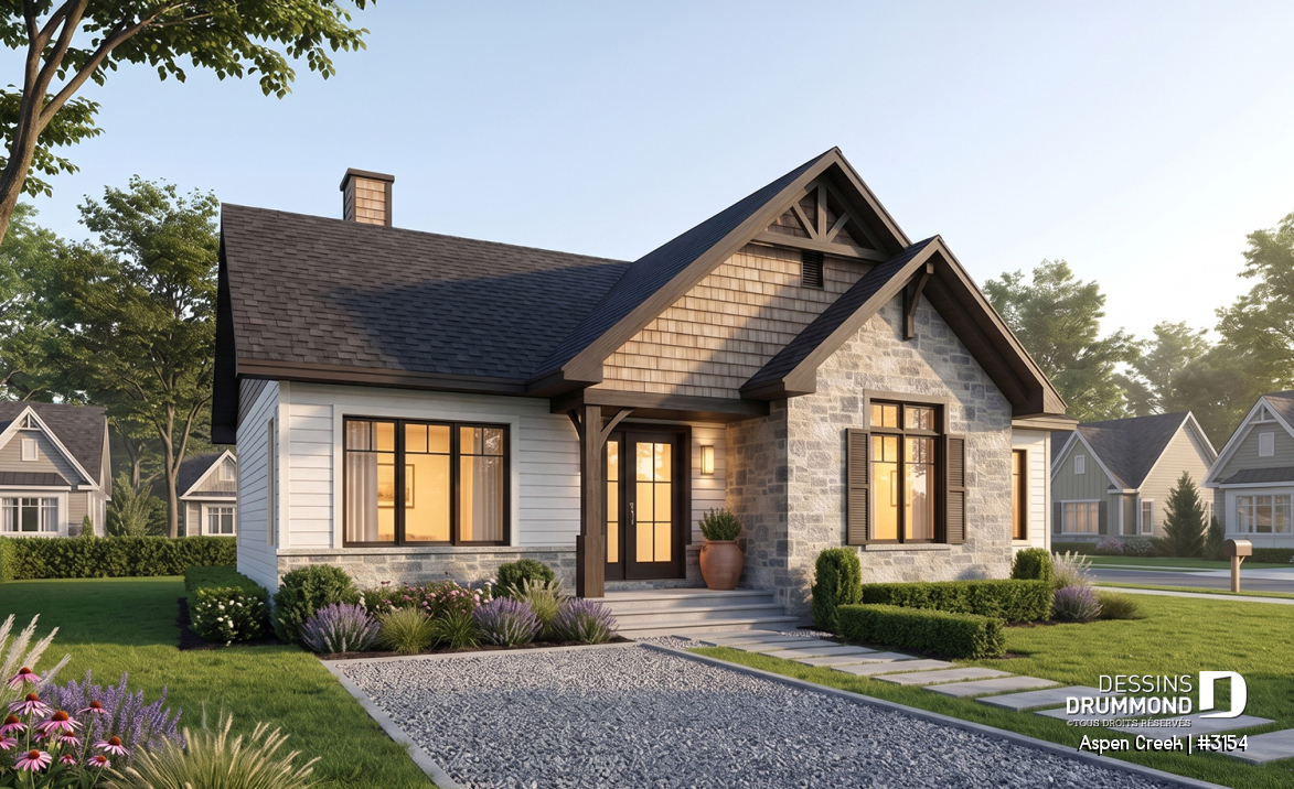 Vue avant - MODÈLE DE BASE - Plan maison plain-pied avec 3 chambres au rez-de-chaussée, chambre principale avec walk-in, foyer central - Aspen Creek