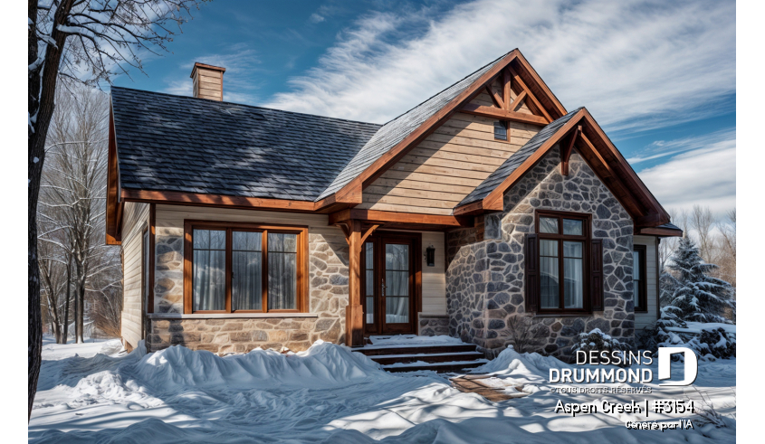 Vue avant - MODÈLE DE BASE - Plan maison champêtre rustique, buanderie et 3 chambres au rez-de-chaussée, walk-in chambre maîtres, foyer - Aspen Creek