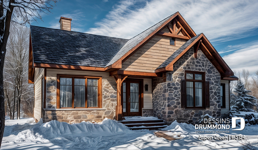 Vue avant - MODÈLE DE BASE - Plan maison champêtre rustique, buanderie et 3 chambres au rez-de-chaussée, walk-in chambre maîtres, foyer - Aspen Creek