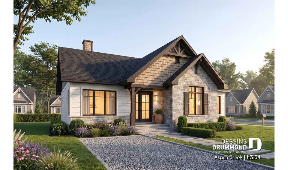 Vue avant - MODÈLE DE BASE - Plan maison plain-pied avec 3 chambres au rez-de-chaussée, chambre principale avec walk-in, foyer central - Aspen Creek
