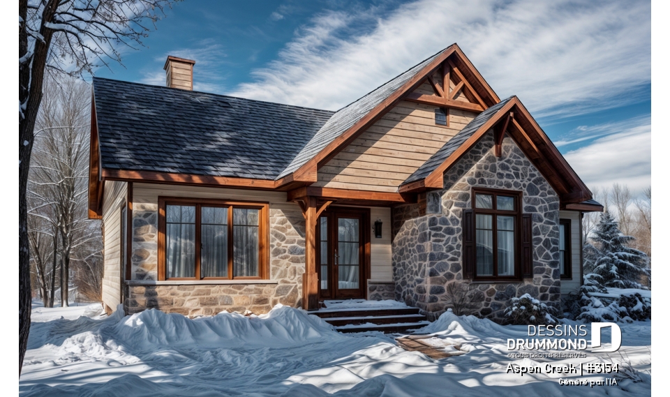 Vue avant - MODÈLE DE BASE - Plan maison champêtre rustique, buanderie et 3 chambres au rez-de-chaussée, walk-in chambre maîtres, foyer - Aspen Creek