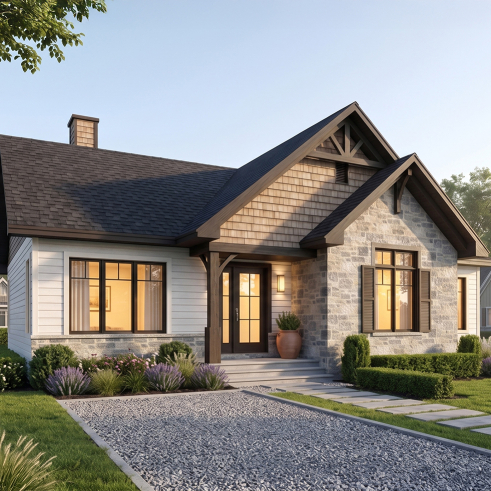 Vue avant - MODÈLE DE BASE - Plan maison plain-pied avec 3 chambres au rez-de-chaussée, chambre principale avec walk-in, foyer central - Aspen Creek