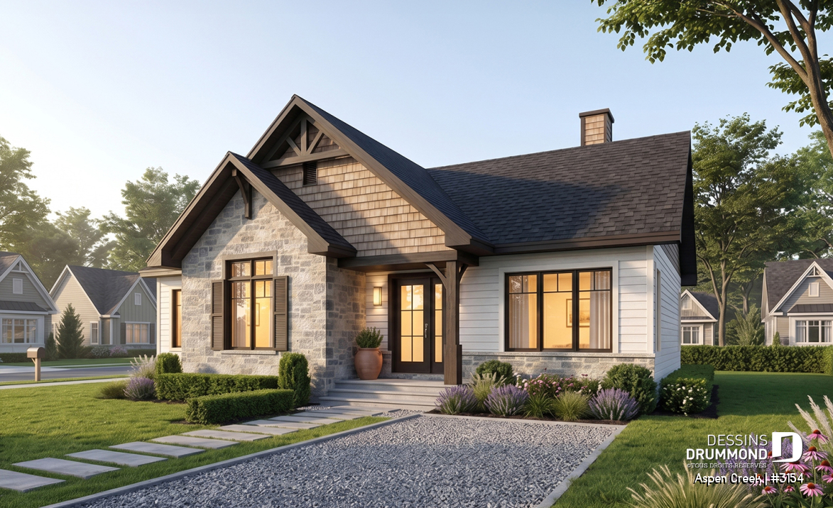 Vue avant - MODÈLE DE BASE - Plan maison plain-pied avec 3 chambres au rez-de-chaussée, chambre principale avec walk-in, foyer central - Aspen Creek