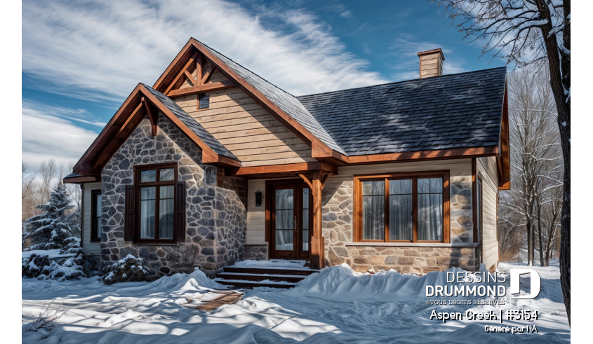 Vue avant - MODÈLE DE BASE - Plan maison champêtre rustique, buanderie et 3 chambres au rez-de-chaussée, walk-in chambre maîtres, foyer - Aspen Creek