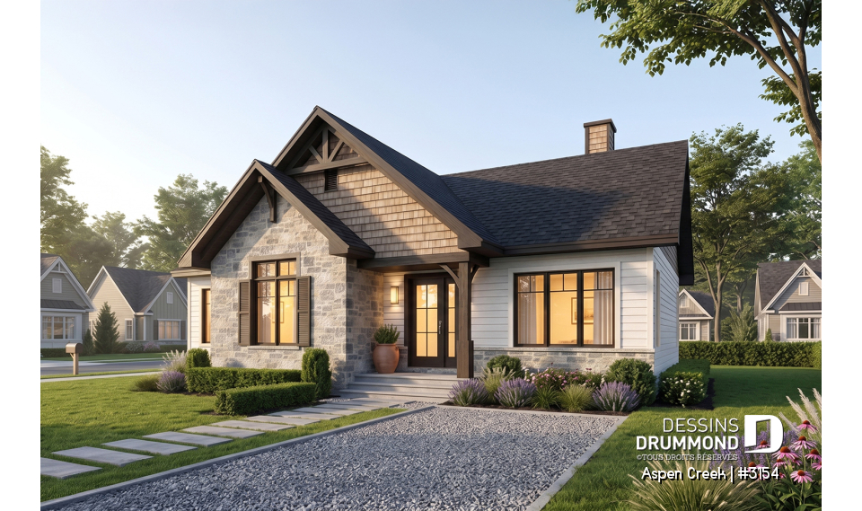 Vue avant - MODÈLE DE BASE - Plan maison plain-pied avec 3 chambres au rez-de-chaussée, chambre principale avec walk-in, foyer central - Aspen Creek