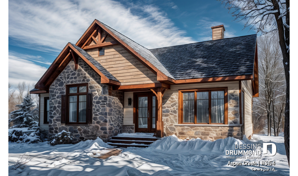 Vue avant - MODÈLE DE BASE - Plan maison champêtre rustique, buanderie et 3 chambres au rez-de-chaussée, walk-in chambre maîtres, foyer - Aspen Creek