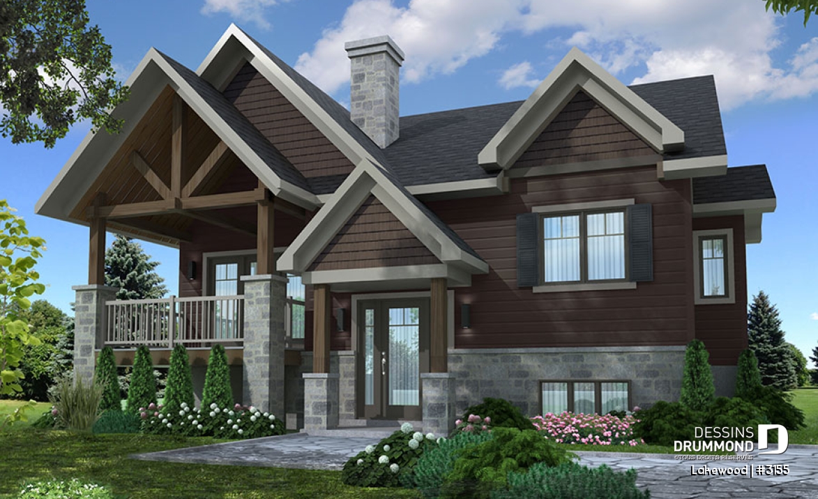 Vue avant - MODÈLE DE BASE - Plan maison 2 chambres, style chalet, balcon avant couvert, poêle à bois, îlot et garde-manger - Lakewood
