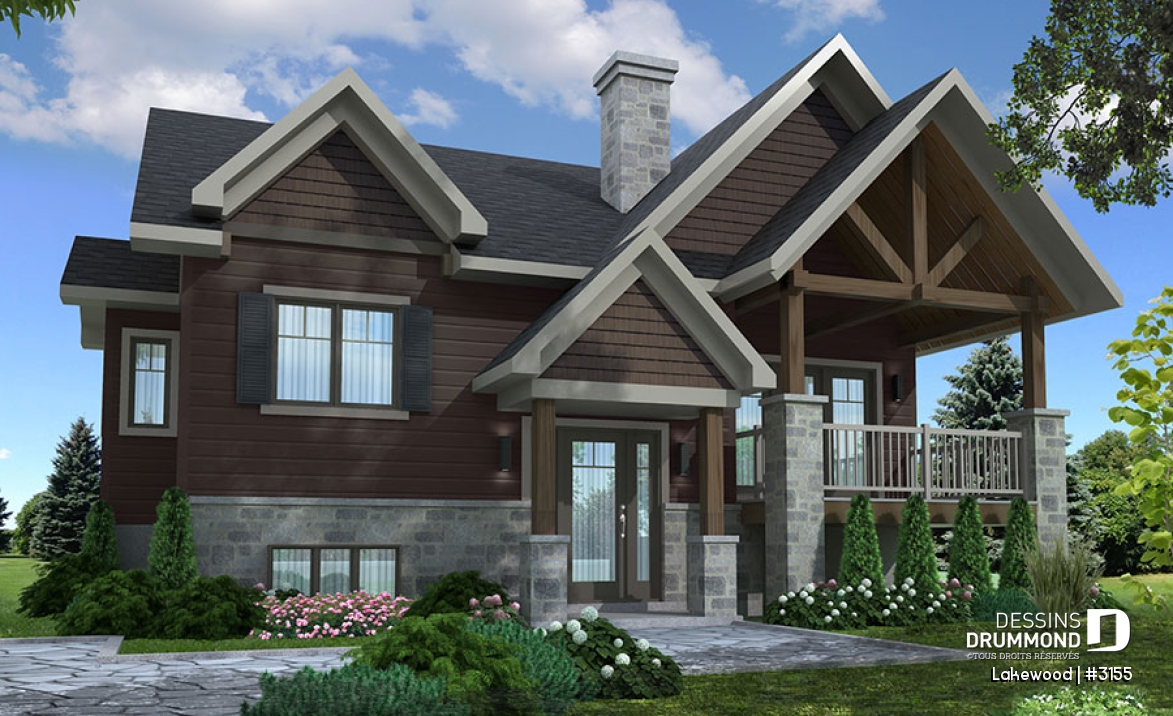 Vue avant - MODÈLE DE BASE - Plan maison 2 chambres, style chalet, balcon avant couvert, poêle à bois, îlot et garde-manger - Lakewood