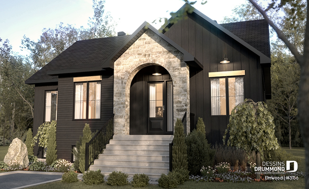 Vue avant - MODÈLE DE BASE - Plain-pied avec sous-sol aménagé optionnel ($), suite des parents au rdc, terrasse abritée, plafond cathédral - Elmwood