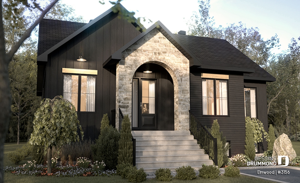 Vue avant - MODÈLE DE BASE - Plain-pied avec sous-sol aménagé optionnel ($), suite des parents au rdc, terrasse abritée, plafond cathédral - Elmwood