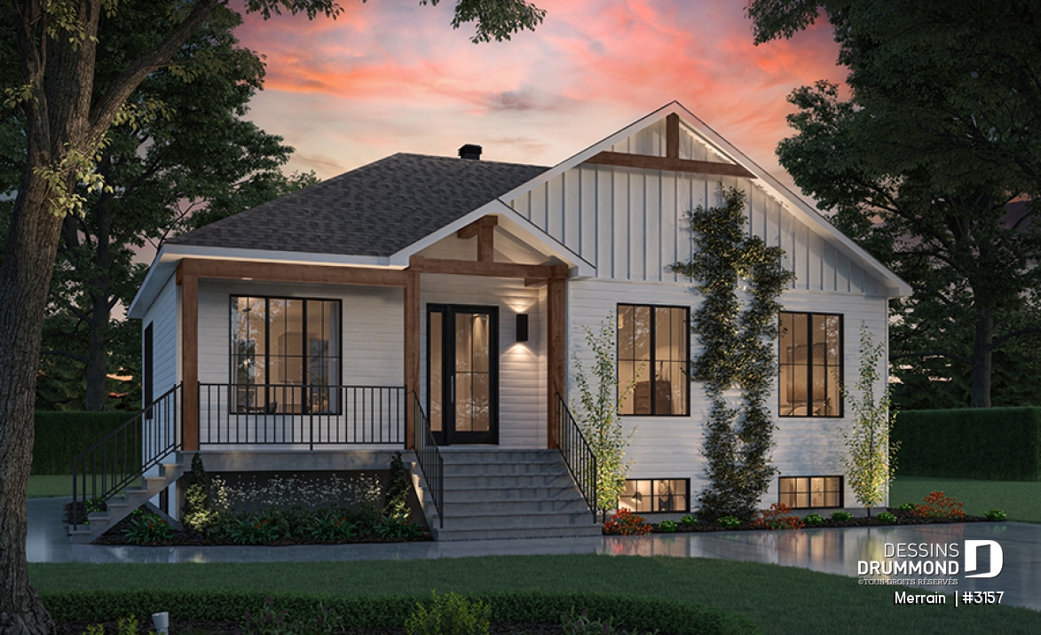 Vue avant - MODÈLE DE BASE - Modèle de maison plain-pied avec 3 chambres au rez-de-chaussée, sous-sol sorti de terre, non-fini à aménager - Merrain 