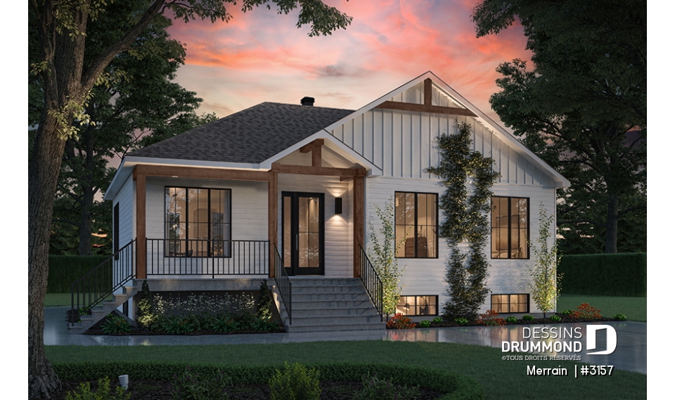 Vue avant - MODÈLE DE BASE - Modèle de maison plain-pied avec 3 chambres au rez-de-chaussée, sous-sol sorti de terre, non-fini à aménager - Merrain 