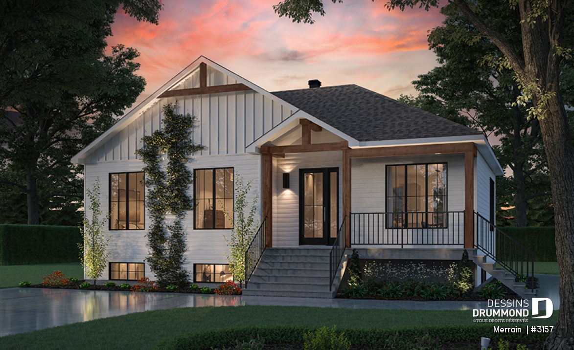 Vue avant - MODÈLE DE BASE - Modèle de maison plain-pied avec 3 chambres au rez-de-chaussée, sous-sol sorti de terre, non-fini à aménager - Merrain 