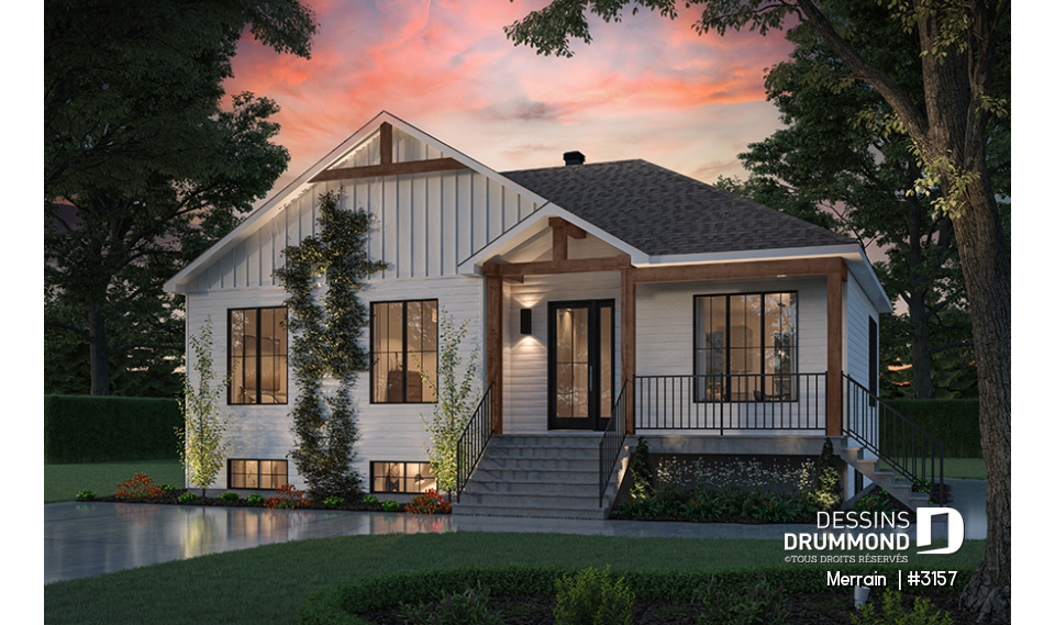 Vue avant - MODÈLE DE BASE - Modèle de maison plain-pied avec 3 chambres au rez-de-chaussée, sous-sol sorti de terre, non-fini à aménager - Merrain 