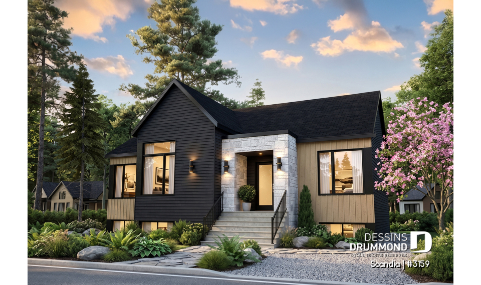 Vue avant - MODÈLE DE BASE - Plan de plain-pied 3 chambres, cuisine avec garde-manger, vestiaire d'entrée, salle de lavage au premier - Scandia