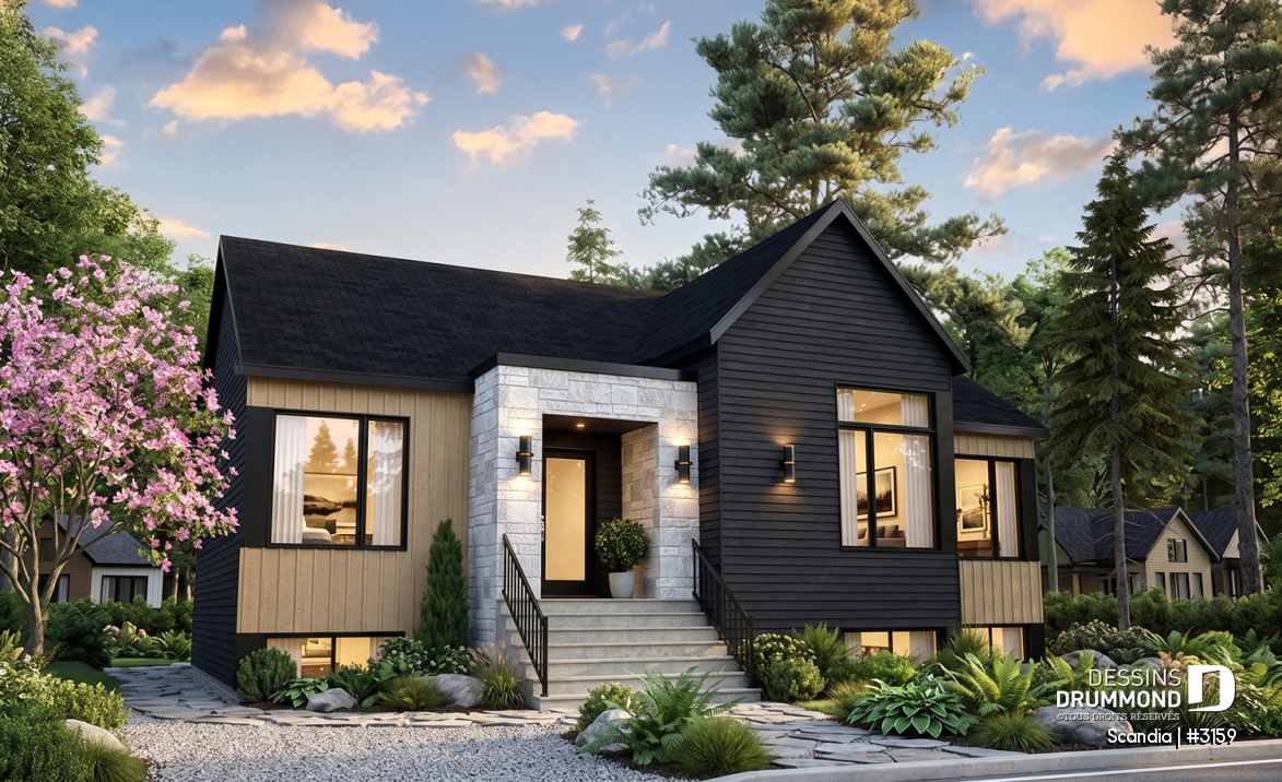 Vue avant - MODÈLE DE BASE - Plan de plain-pied 3 chambres, cuisine avec garde-manger, vestiaire d'entrée, salle de lavage au premier - Scandia