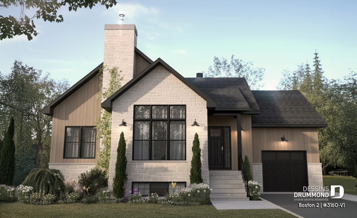 Vue avant - MODÈLE DE BASE - Plan de plain-pied haut de gamme avec garage, possibilité de 4 chambres, plafond cathédral et suite parentale - Boston 2