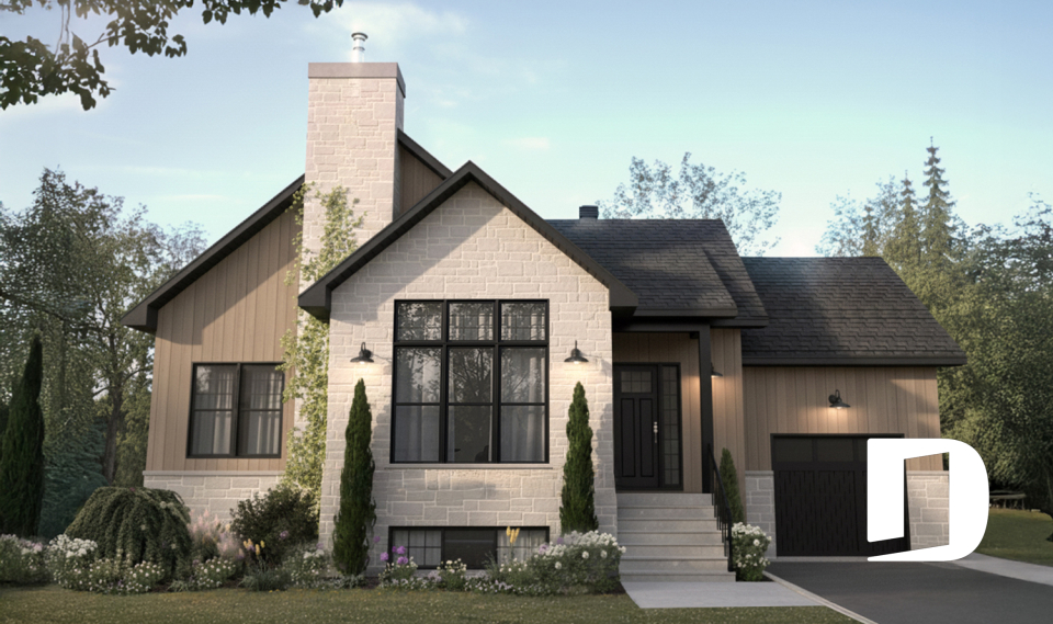 Vue avant - MODÈLE DE BASE - Plan de plain-pied haut de gamme avec garage, possibilité de 4 chambres, plafond cathédral et suite parentale - Boston 2