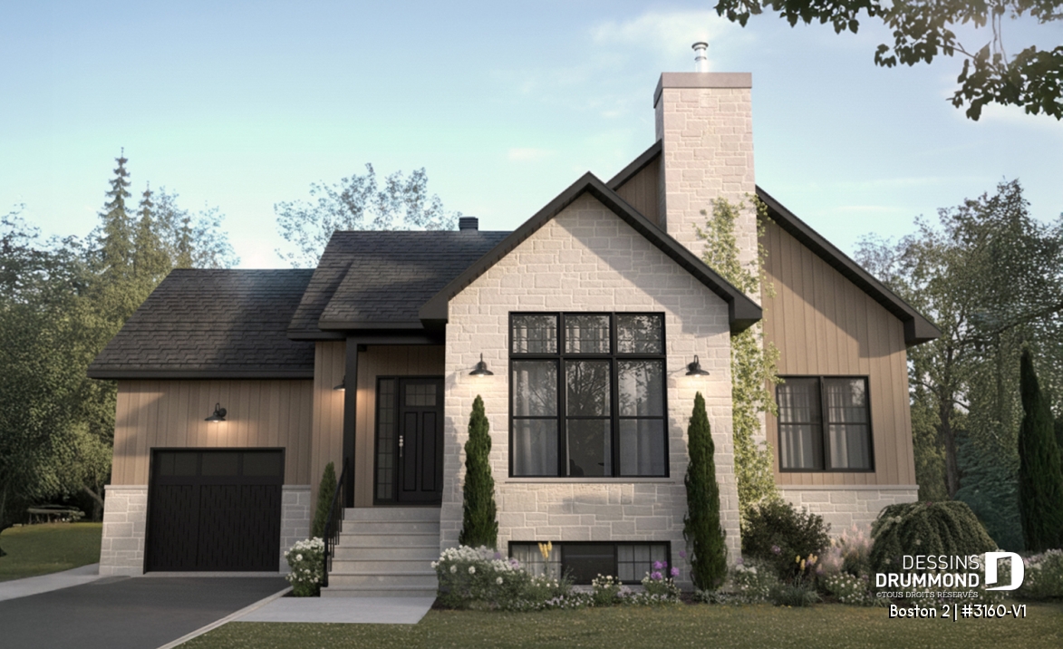 Vue avant - MODÈLE DE BASE - Plan de plain-pied haut de gamme avec garage, possibilité de 4 chambres, plafond cathédral et suite parentale - Boston 2