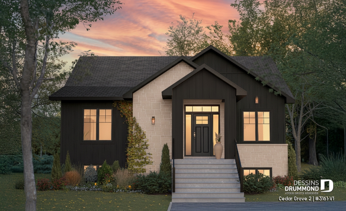Vue avant - MODÈLE DE BASE - Maison farmhouse avec superbe suite principale au RDC, aménagement pensé pour familles avec ados - Cedar Grove 2