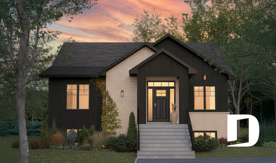 Vue avant - MODÈLE DE BASE - Maison farmhouse compacte à aire ouverte, plafond cathédral et sous-sol aménagé optionnel - Cedar Grove 2