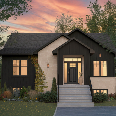 Vue avant - MODÈLE DE BASE - Maison farmhouse avec superbe suite principale au RDC, aménagement pensé pour familles avec ados - Cedar Grove 2