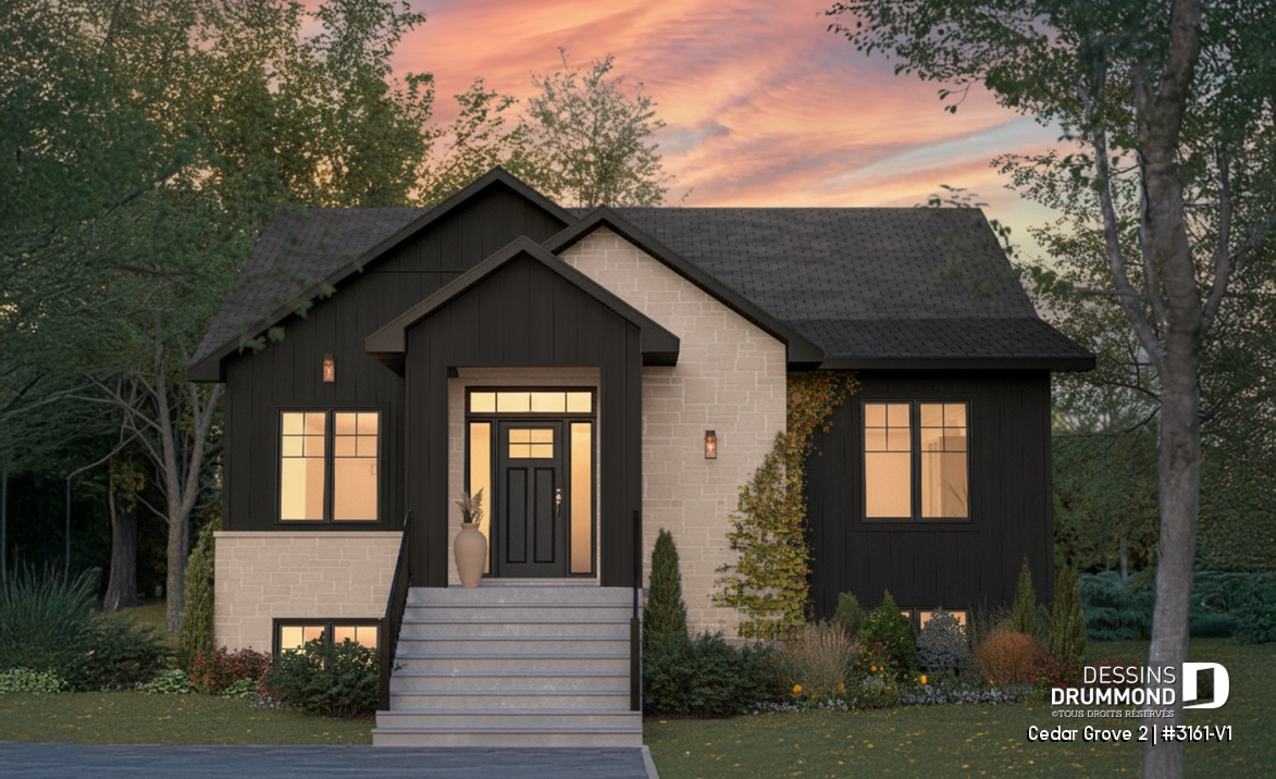 Vue avant - MODÈLE DE BASE - Maison farmhouse avec superbe suite principale au RDC, aménagement pensé pour familles avec ados - Cedar Grove 2