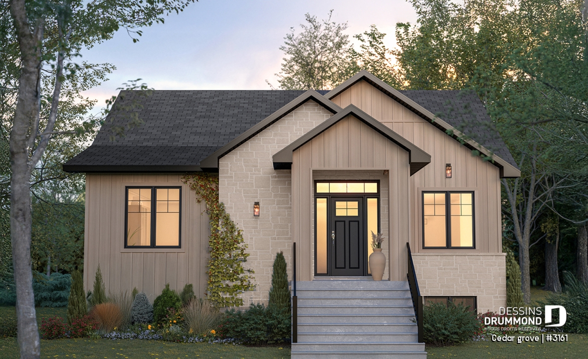 Vue avant - MODÈLE DE BASE - Modèle de maison plain-pied, sous-sol aménagé optionnel ($), 2 à 4 chambres, bureau, garde-manger, vestiaire - Cedar grove