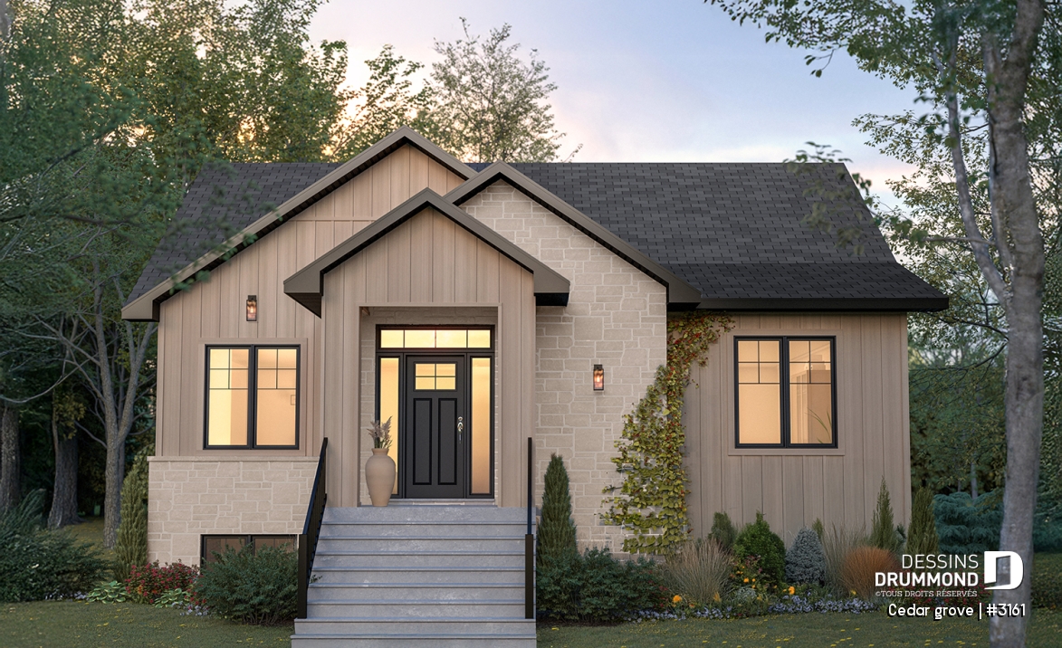 Vue avant - MODÈLE DE BASE - Modèle de maison plain-pied, sous-sol aménagé optionnel ($), 2 à 4 chambres, bureau, garde-manger, vestiaire - Cedar grove
